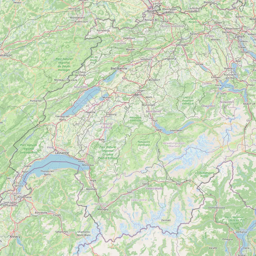Map of Switzerland with Mürren, Interlaken, Zermatt, Emmetten near Lucerne, Zurich and Geneva