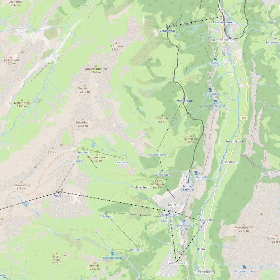 Map of Mürren, Birg, Gimmelwald and the Lauterbrunnen valley with the cable cars and the Stechelberg landing field